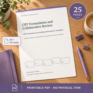 May include: A printable workbook titled CBT Formulation and Collaborative Review with 25 pages. The document features A4 and US Letter sizing, clear prompts, and five rectangular boxes. It is accompanied by a purple pen and binder clips.