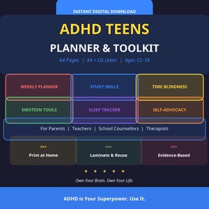 May include: A digital ADHD Teens Planner & Toolkit document with 64 pages in A4 and US Letter sizes for ages 12-18. It features sections for Weekly Planner, Study Skills, Time Blindness, Emotion Tools, Sleep Tracker, and Self-Advocacy. Text includes Print at Home, Laminate & Reuse, Evidence-Based, and Own Your Brain. Own Your Life. ADHD is Your Superpower. Use It.