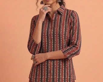 Ajrakh katoenen blouse/tuniek voor dames, top met kraag en handbedrukte blokprint, etnische kantoorkurti, roestbruine boho zomerblouse