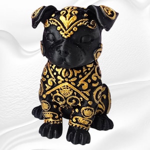 Staffordshire Bull Terrier Figurine (Staffy) – Hand-Painted 3D Printed Collectible (Black + Gold)