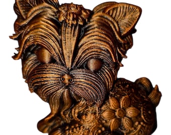 Figura de Yorkshire Terrier – Pintada a mano – Acabado dorado y bronce – Regalo para amantes de los perros – Decoración para el hogar – PLA