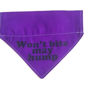 Handmade dog or cat bandana, can be personalised with name or different phrase. Funny  &quot;Won&#39;t bite may hump&quot; pet bandana