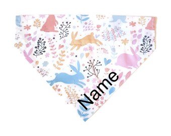 Handmade Spring Easter dog or cat bandana, can be personalised with name or short message. Flora and rabbits.