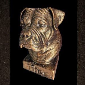 Könnte beinhalten: Eine bronzefarbene Skulptur eines Hundekopfes mit detaillierten Texturen und Gesichtszügen. Die Skulptur ist auf einem rechteckigen Sockel mit dem Namen "Thor" angebracht. Der Hintergrund ist schwarz.