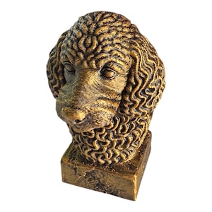 May include: A golden-colored dog bust sculpture. The dog's head is detailed with textured fur and a serene expression. The sculpture is mounted on a square base, creating a classic decorative piece.