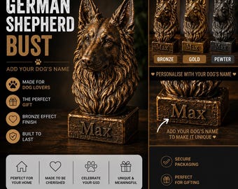 Puede incluir: Busto personalizado de pastor alemán con efecto bronce. El busto está diseñado para los amantes de los perros y se puede personalizar con el nombre de tu perro. Está hecho para durar y es perfecto para regalar.