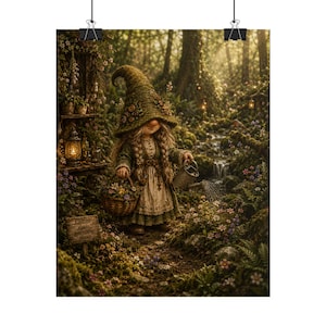 May include: A gnome figure wearing a tall green textured hat and a layered dress, holding a woven basket and a metal watering can. A small wooden sign nearby displays the text Kindness makes everything bloom in a lush, mossy forest setting.