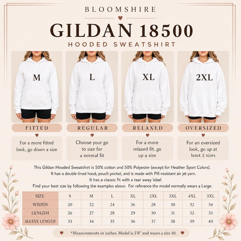 The image is a collage of four images showing different sizes of the GILDA 18500 Hooded Sweatshirt, with a focus on the fit and sleeve length.
