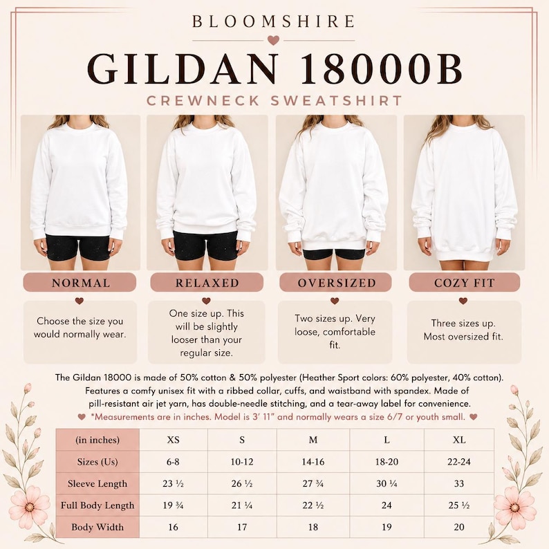 three different crew neck sweatshirts in various sizes, including a normal, relaxed, and oversized version.