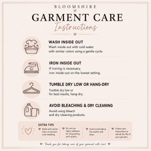 instructions for garment care, including washing, ironing, and drying. It provides tips on how to properly care for different types of garments, such as washing inside out with cold water, ironing inside out, and avoiding bleaching and dry cleaning. The image also includes a heart symbol and a bottle of fabric softener, suggesting that the care instructions are meant to be visually appealing and easy to follow.