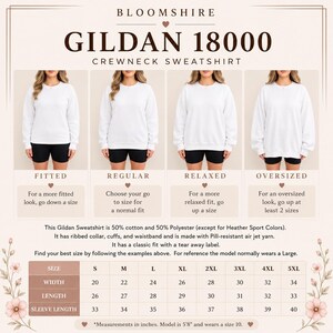 The image is a size chart for a crewneck sweatshirt, showing different sizes based on the fit, relaxed, and oversized options.