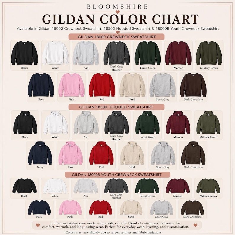 The image is a color chart displaying various GILDA hooded crew neck sweaters in different colors, including black, white, pink, red, sand, sport, and dark chocolate.