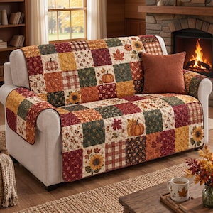 Fall Patchwork Quilted Sofa Cover, Pumpkin Sunflower Couch Protector, Autumn Plaid Furniture Cover, Rustic Farmhouse Fall Decor
