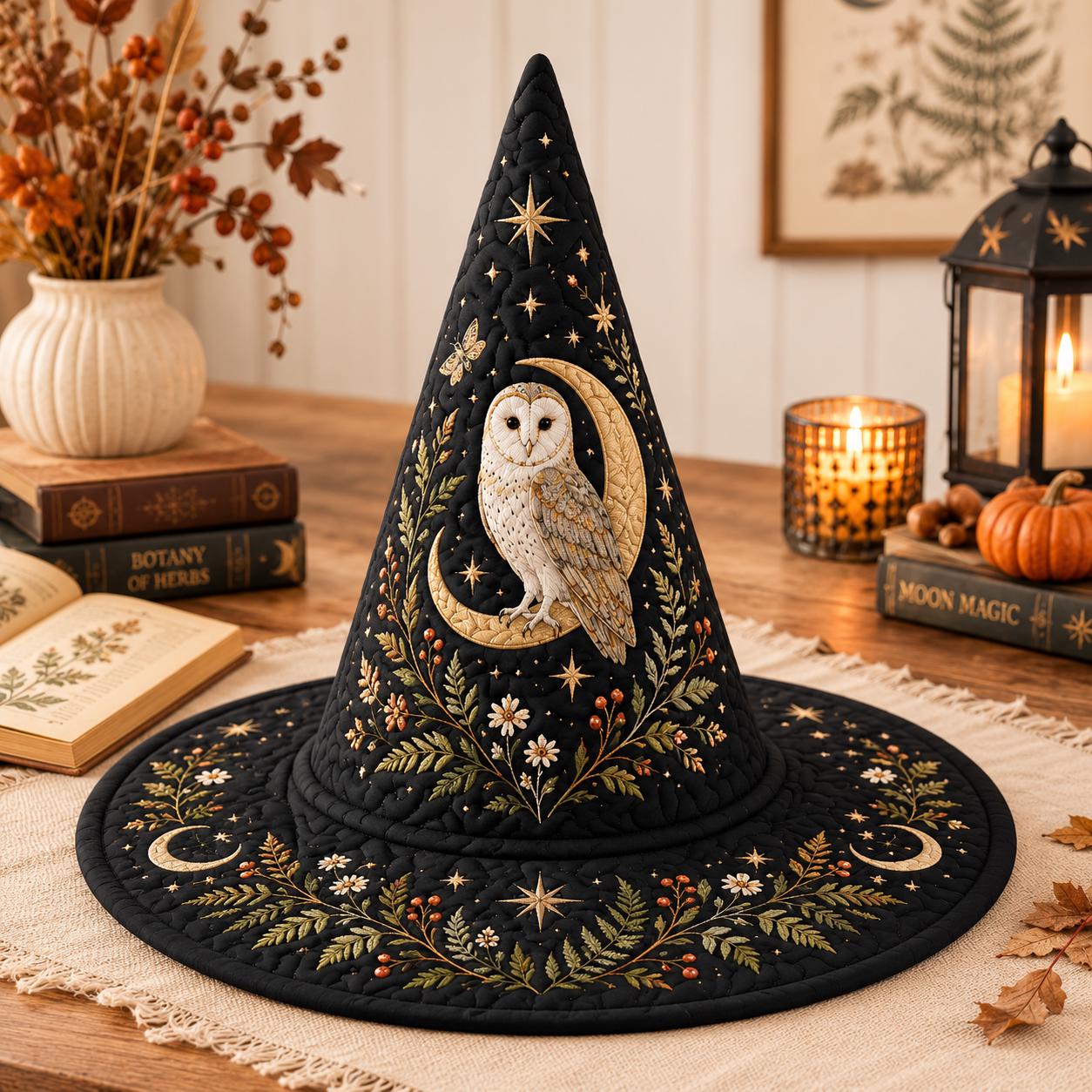 3D Quilted Witch Hat, Owl Crescent Moon Hat, Celestial Halloween Witch Hat, Black Botanical Witch Co