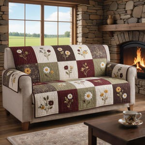 Funda acolchada para sofá con estampado de flores silvestres, protector de sofá con retazos de margaritas, funda rústica floral para muebles, decoración de estilo granja campestre.