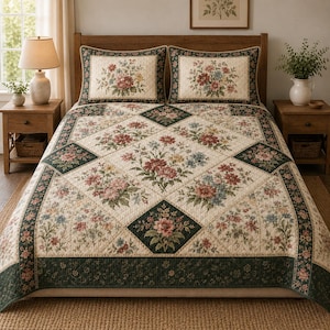 Set di biancheria da letto trapuntato con motivi floreali vintage, trapunta patchwork botanica, copriletto in stile cottagecore, arredamento per camera da letto in stile rustico verde.
