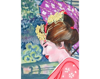 Original Art Watercolor Painting Chinese Geisha with Flowers