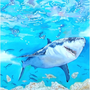 Original Aquarell mit Collage Hai Meer Fisch Karten