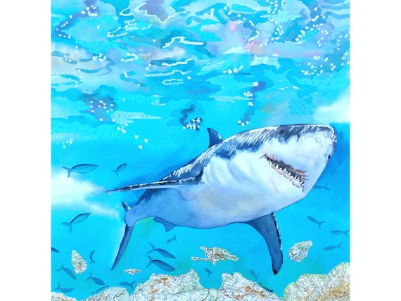オリジナル水彩画とコラージュのサメと海の魚の地図 - Etsy 日本