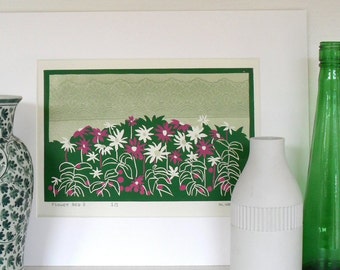 Flower Print Garden Linocut in Pink, White and Green