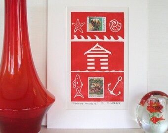 Bright Red Beach Hut Seaside Linocut Hand Made Print - Fits any UK A4 frame