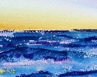 オリジナルアート水彩画 夕焼け 海 風景 紫と黄色 - Etsy 日本