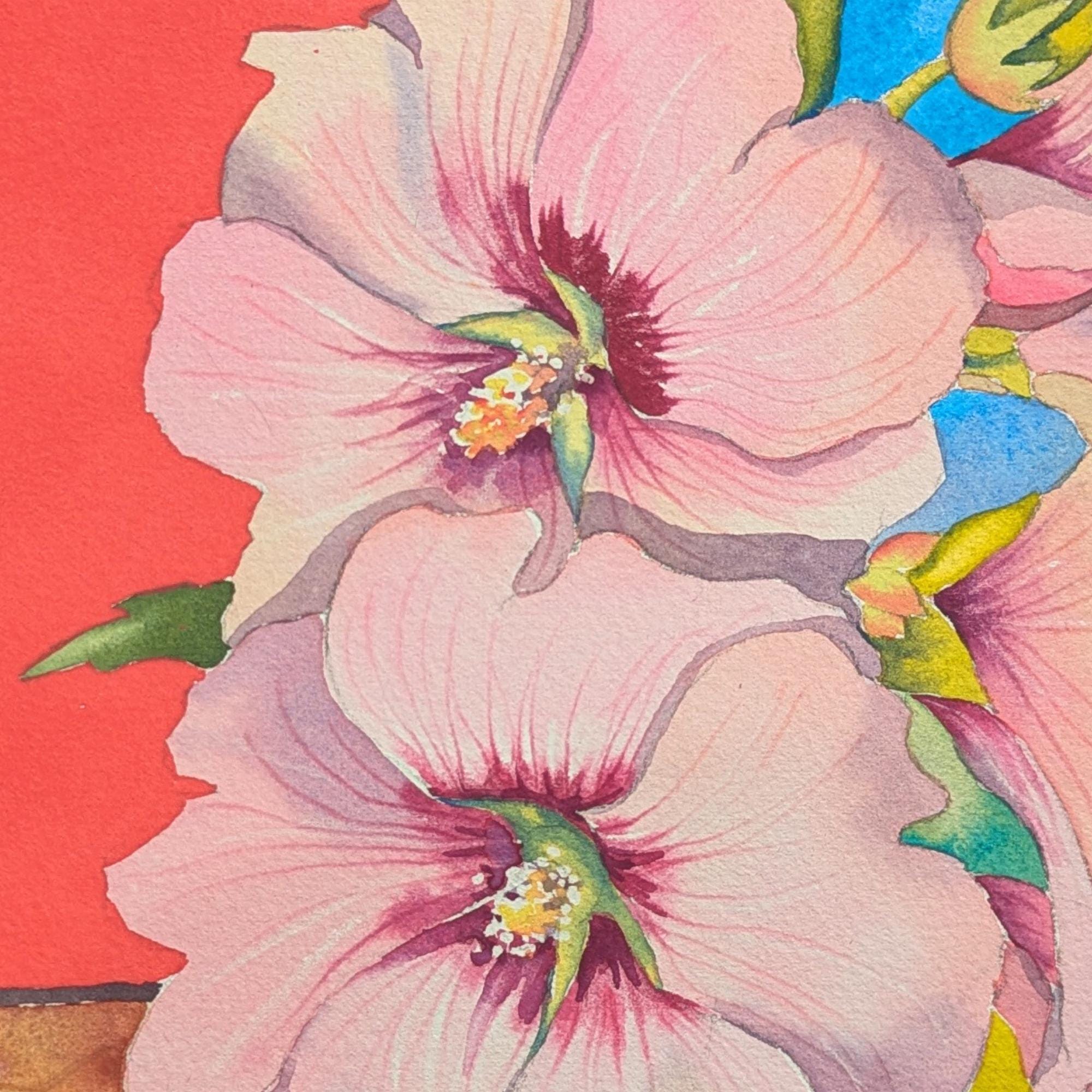 オリジナル水彩画 ピンクのタチアオイの花の絵画 - Etsy 日本