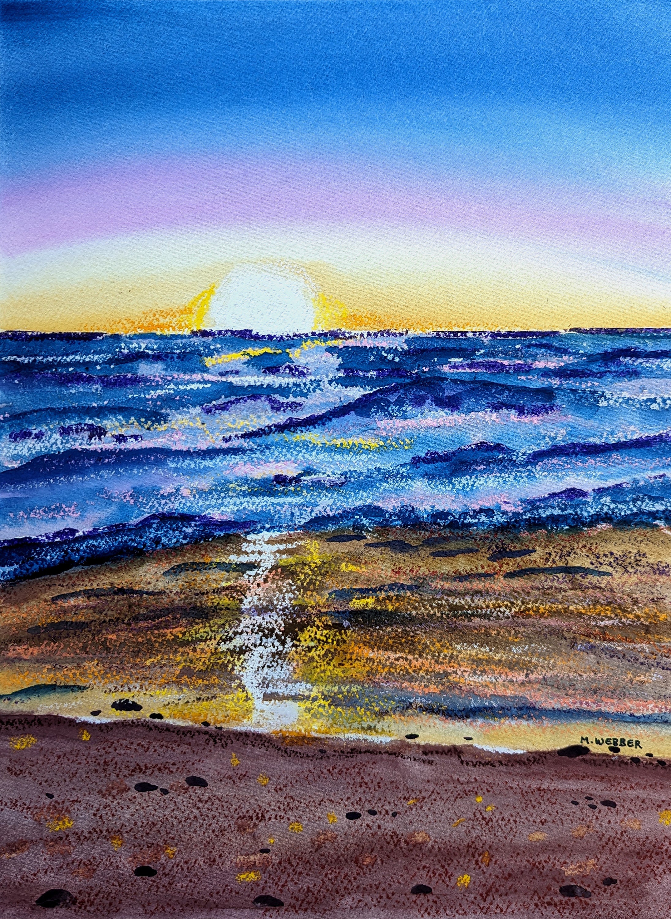 オリジナルアート水彩画 夕焼け 海 風景 紫と黄色 - Etsy 日本