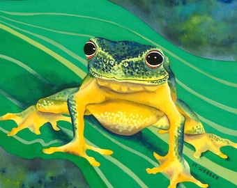 Tree Frog Green and Yellow Amphibian Limited Edition Print Watercolour Painting