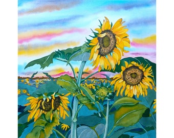 Original Botanical Flower Watercolor Painting of Sunflowers