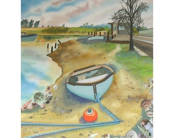 Imagen del barco Woodbrige, pintura original de acuarela junto al mar