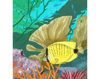 Limited Edition Signed Print, Marine Tropical Yellow Fish in Turquoise Sea Watercolour Painting