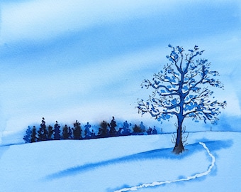 May include: A watercolor painting of a winter landscape with a single bare tree in the foreground and a line of trees in the background. The sky is a light blue and the ground is covered in snow. The painting is signed "M. WEBBER" in the lower right corner.