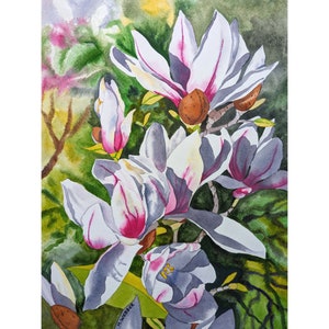 Original Art Watercolor Magnolias Tree Bush Painting Botanical Flowers; in Pink, White and Green