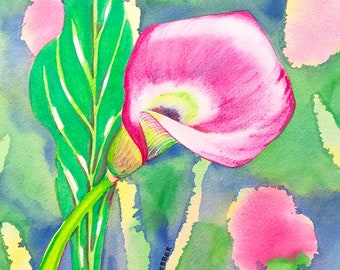 Original Art Watercolor Pencils Painting Pink Flower Calla Lily