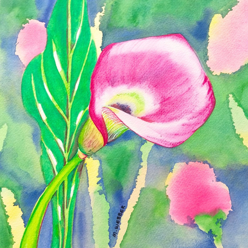 Original Art Watercolor Pencils Painting Pink Flower Calla Lily image 1