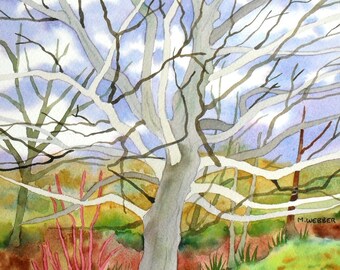 May include: Watercolor painting of a bare tree with white branches against a blue sky. The tree is in the center of the painting and is surrounded by green grass and red bushes.