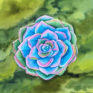 Original Kunst Kaktus Sukkulente in Blau und Grün