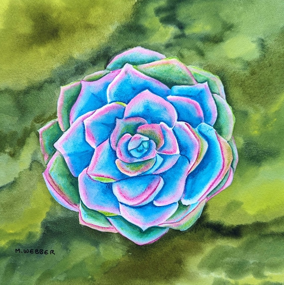 Original Kunst Kaktus Sukkulente in Blau und Grün