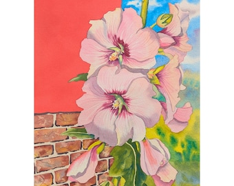 オリジナル水彩画 ピンクのタチアオイの花の絵画 - Etsy 日本