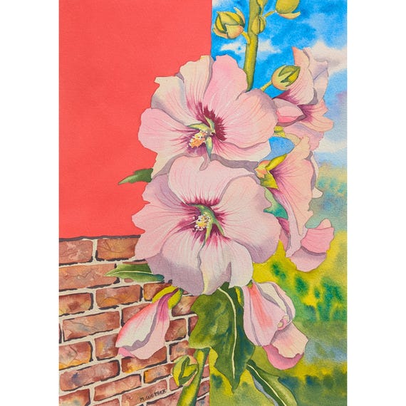 オリジナル水彩画 ピンクのタチアオイの花の絵画 - Etsy 日本