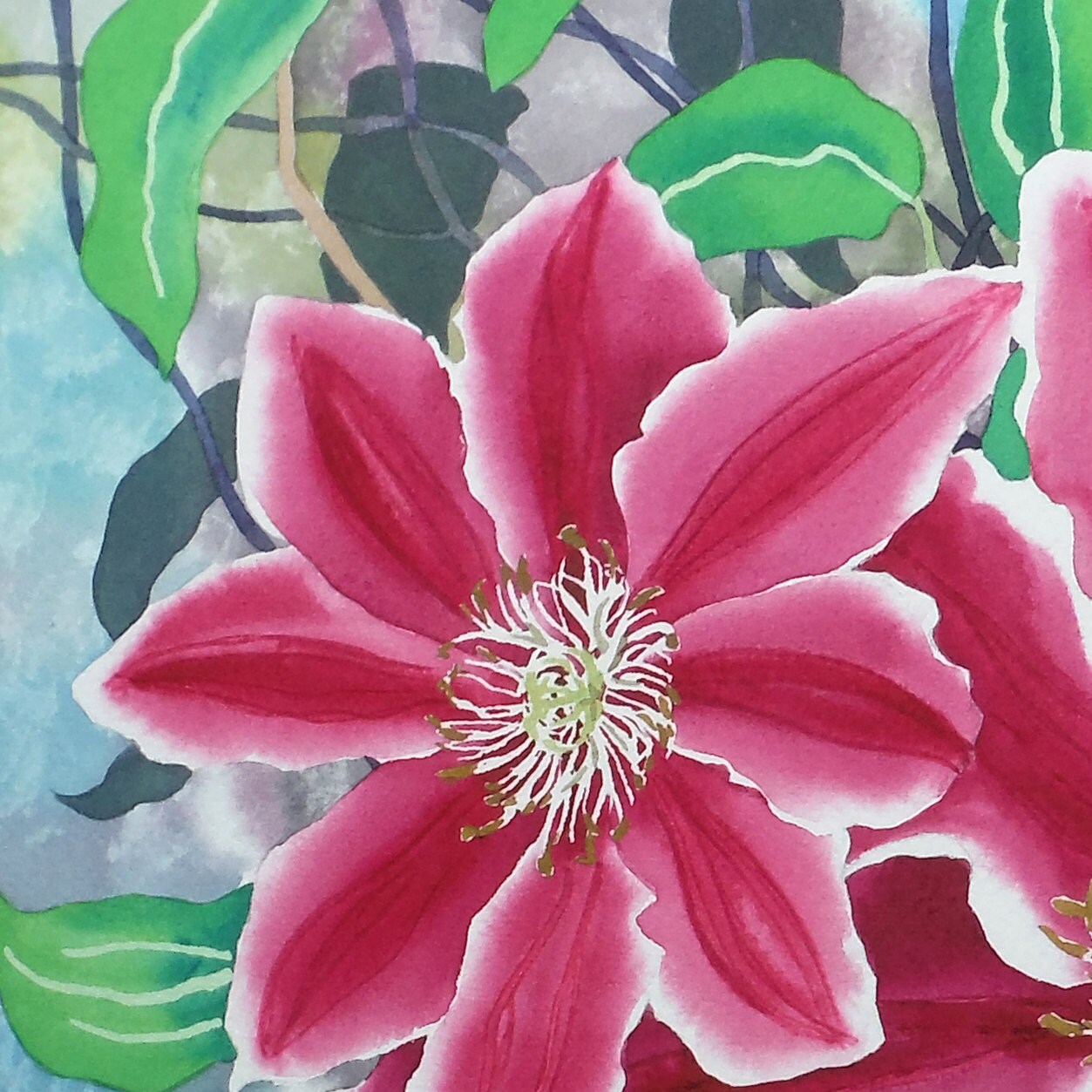 ピンクのクレマチス オリジナル水彩画植物画 - Etsy 日本