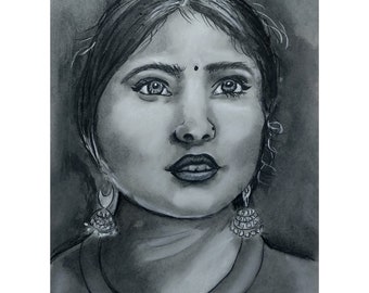 Original Art Charcoal Drawing Indian Lady