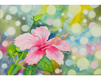 Original Art Botanical Modern Watercolor Painting Pink Flower Hibiscus