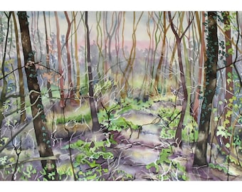 Autumn Woodland Forest Trees Original Watercolour Painting with Purples and Greens