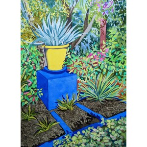 Arte originale moderno marocco giardino dipinto acquerello giallo, blu e verdi