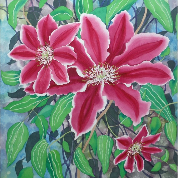 ピンクのクレマチス オリジナル水彩画植物画 - Etsy 日本