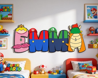 May include: A wall-mounted name sign spelling EMMA, where each letter is styled after a Super Mario character. The E features Princess Peach, the M's resemble Mario and Luigi's overalls and hats, and the A is designed to look like Bowser.