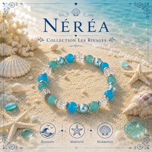 Peut inclure: Un bracelet composé de perles rondes alternant entre le bleu, le turquoise et le transparent craquelé, séparées par des intercalaires argentés. Le texte NÉRÉA COLLECTION LES RIVAGES et les icônes ÉVASION, SÉRÉNITÉ, HARMONIE sont présents.