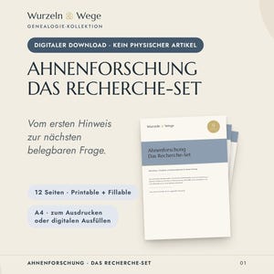 Könnte beinhalten: Ein digitales Ahnenforschungs-Set mit dem Titel Wurzeln & Wege Ahnenforschung Das Recherche-Set. Das Dokument enthält 12 druckbare und ausfüllbare A4-Seiten zur Dokumentation der Familiengeschichte in einem blau-weißen Layout.